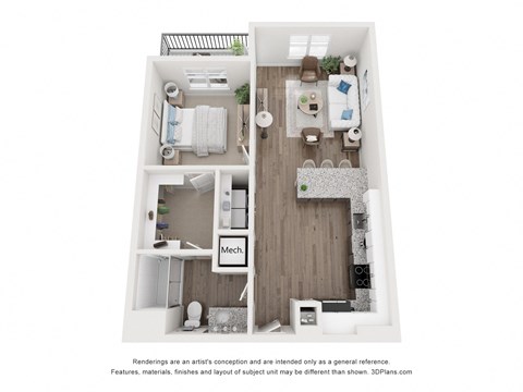 a 3d furnished floor plan of a 1 bedroom apartment